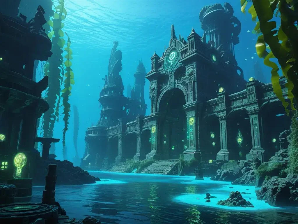 Azurya evreni için derin mavi deniz ve kadim şehirler illüstrasyonu